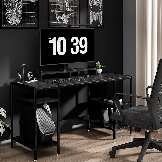Computer Desk Gaming Desk with Monitor Stand, Home Office Desk Suitable for 2 Monitors, Writing Desk with Adjustable Storage Space,Sturdy and Durable Modern Small Desk (Black, 55 inchs)