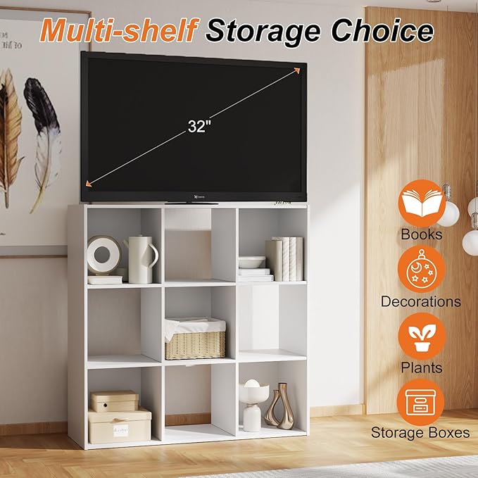 Sweetcrispy 9 Cube Storage Organizer - Open Cube Bookshelf with 5 Removable Back Panels, Display Storage Bookcase for Living Room, Bedroom, Entrance Hall, Home Office，36" L×11.6" W×36" H, White
