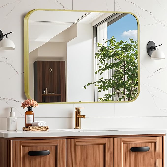 20x28 Inch Gold Mirror, Framed Rectangle Mirror with Rounded Corner, Brushed Brass Mirror, Gold Bathroom Mirror for Over Sink, Vanity, Living Room, Bedroom, Horizontal/Vertical