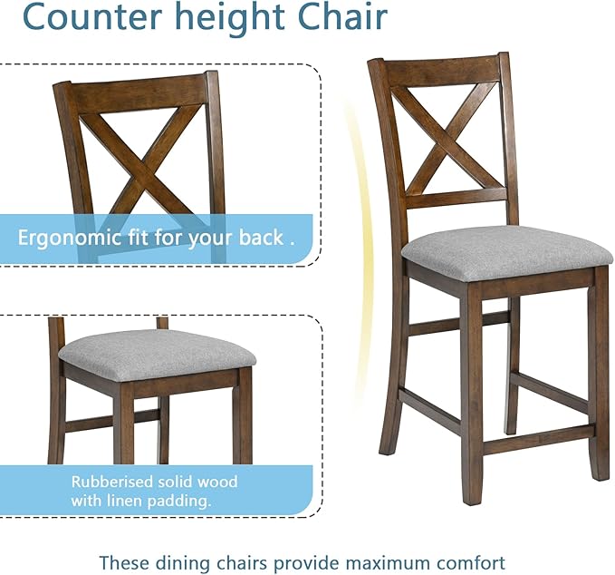 KEIKI 5-Piece Counter Height Dining Table Set with Square Table and 4 Upholstered X-Shaped Backrset Chair, for 4 Person, Modern Style Wooden Table Set, Easy Assembly, for Kitchen, Dining Room, Walnut