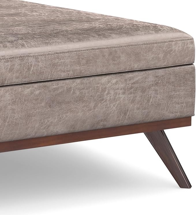 SIMPLIHOME Owen 40 inch Wide Mid Century Modern Square XL Coffee Table Storage Ottoman in Distressed Grey Taupe Vegan Faux Leather, Assembled, for The Living Room, Entryway and Family Room