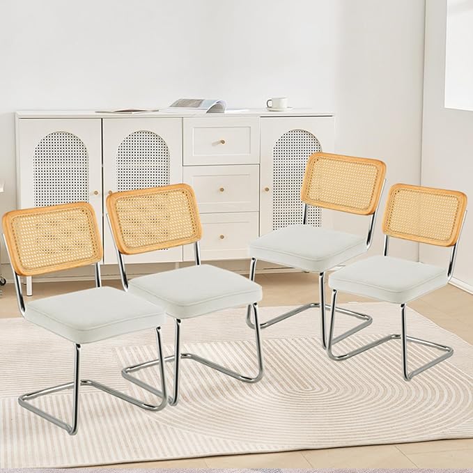 VEVOR Rattan Dining Chairs Set of 4, Mid Century Modern Dining Chair, Upholstered Velvet Accent Chair with Rattan Back, Retro Dining Room Kitchen Chair for Living Room, Bedroom(18.1 Inch)