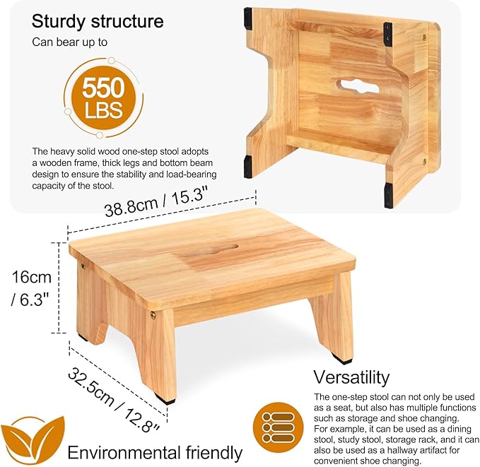One Step Stool for Adults Seniors, 6.5" Heavy Duty Wooden Stepping Stools with 550 LBS Capacity for Bedroom Kitchen Bathroom, Bed Steps for High Beds, Bedside Support