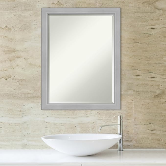 Amanti Art Silver Bathroom Mirror for Over Sink, 27x21 Vista Brushed Nickel Narrow Rectangle Vanity Mirror, Medium Casual Frame, Hangs Horizonally and Vertically, Bathroom Wall Decor, Beveled Edge