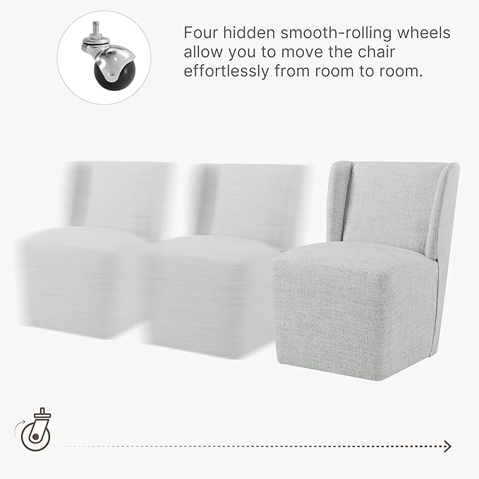 Upholstered Dining Chair with Casters Wingback Modern Side Armless Deskchair with Rollers for Diningroom Bedroom Livingroom Reading Room,Light Grey,1 Box
