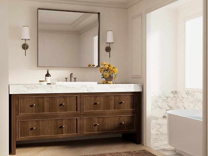 Keonjinn 42 x 36 Inch Brushed Bronze Bathroom Mirror, Rectangle Framed Vanity Mirror for Wall, Large, Modern Farmhouse, Square Corner Bronze Mirrors(Horizontal/Vertical)