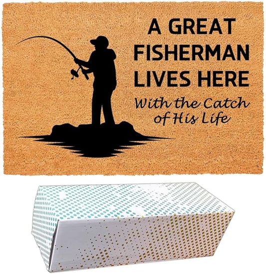 Funny Coir Doormat with A Great Fisherman Lives Here with The Catch of His Life - Front Door Mat, Entryway Welcome Mat, 23.7 x 15.7 inch