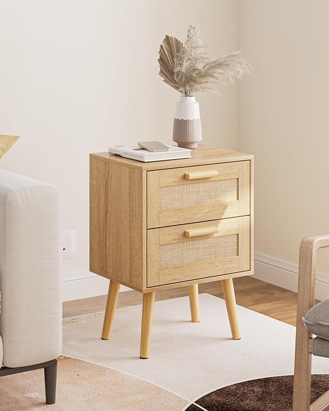 Masupu Rattan Night Stand,Modern nightstand Boho Bedside Table with 2 Drawer,Small End Side Table for Bedroom,Living Room,Office,Natural
