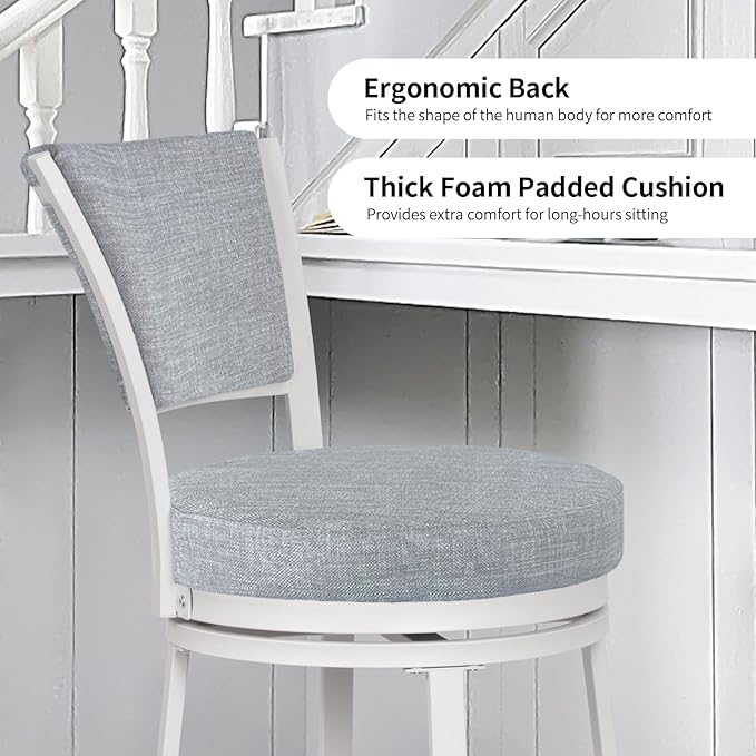 Bar Stools Set of 2, 25 Inch Metal Counter Height Bar Chairs, Modern Linen Fabric 360° Round Swivel Barstools with Back, Counter Stools for Kitchen Island, Pub, Grey & White