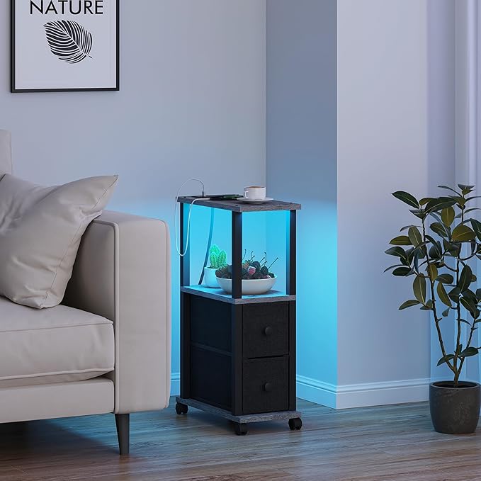 TUTOTAK Small Narrow End Tables, LED Side Tables with 2 Fabric Drawers, Set of 2, Bedside Tables with Charging Station for Small Spaces, Slim Nightstands with USB Ports and Wheels, TB01BY053L