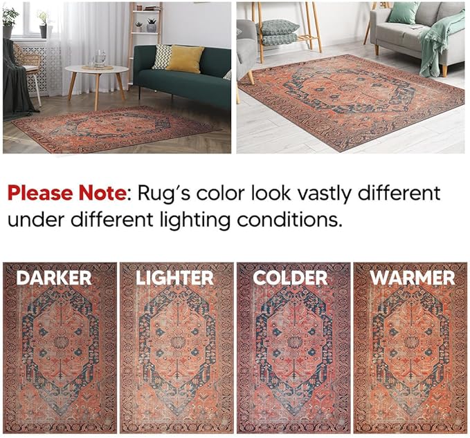 Keen Home Design 8x10 Rug - Machine Washable Area Rug with Non-Slip Backing, Ideal for Living Room, Dining Room, Bedroom - Vintage, Easy Clean, Durable, Low Pile Rug - (8' x 10')