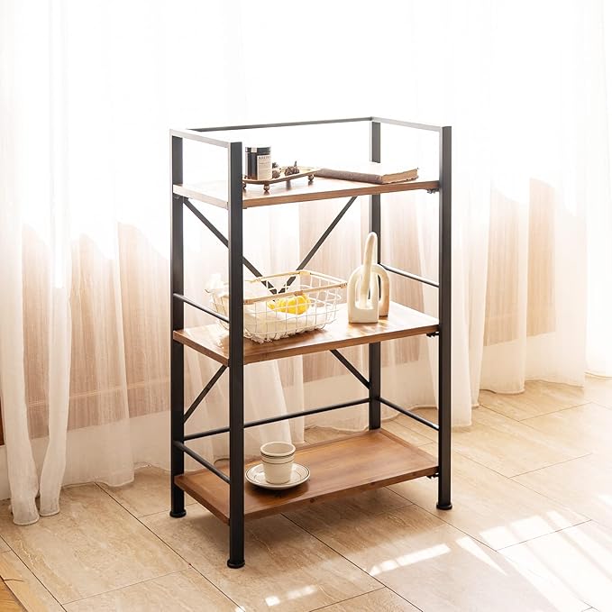 Crofy Rustic Bookshelf, 3 Tier Real Wood Bookshelf, Metal Book Shelf for Storage, Black Bookcase, 12.6" D x 23.62" W x 36.61" H