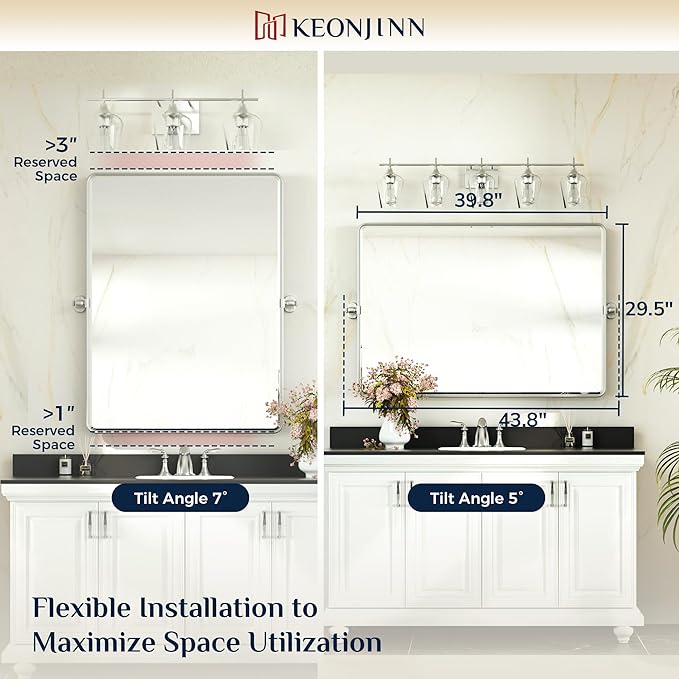 Keonjinn 40 x 30 Inch Large Pivot Mirror, Brushed Nickel Pivot Mirror Bathroom, Beveled Tilt Mirrors Bathroom for Over Sink, Rounded Corner Farmhouse Tilting Mirrors Wall Mount (Horizontal/Vertical)