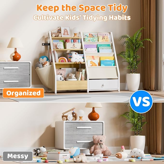 Kids Bookshelf and Toy Storage - Book Shelf for Kids Rooms, Toddler Bookshelf Baby Bookcase for Nursery, Montessori Toy Organizer, Burlywood