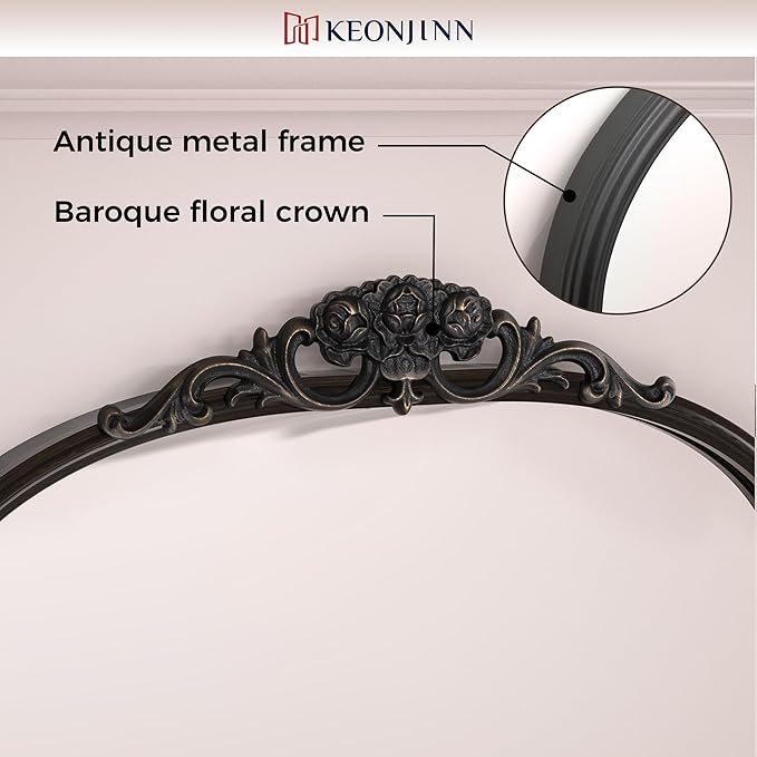 Keonjinn Black Vintage Arched Mirror for Wall, 16" x 24" Antique Mirrors with Metal Frame, Baroque Style Decoration for Mantle, Bathroom, Living Room, Fireplace, Bedroom, French Cleat Mounting