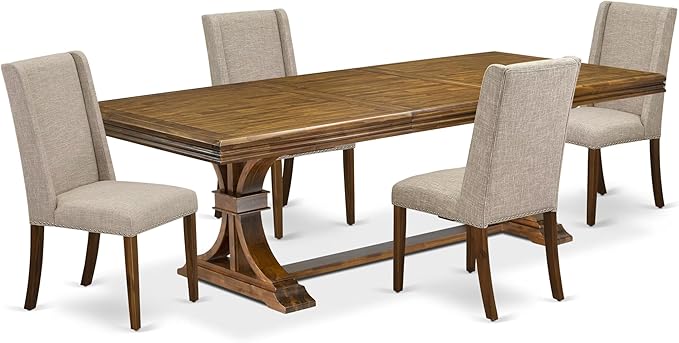 NEFL5-AWA-04-5-Piece Dining Room Set Consists of a Wooden Table and 4 Light Tan Linen Fabric upholstered Chairs with Padded Chair Back - Antique Walnut Finish.
