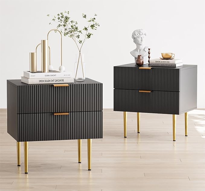 Black Nightstand for Bedroom, Fluted Night Stand Set of 2, Mid Century Modern Bedside Table with Gold Metal Legs