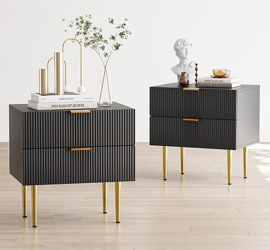 Black Nightstand for Bedroom, Fluted Night Stand Set of 2, Mid Century Modern Bedside Table with Gold Metal Legs