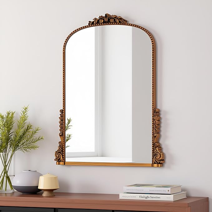 SHYFOY Antiqued Wall Mirror Decorative Vintage Mirrors for Wall Decor, Baroque Wall Mirrors Ornate Arch Mantel Mirror for Living Room Entryway Powder Room, Bronze Dark-Gold Wall Decor, MDF Backing