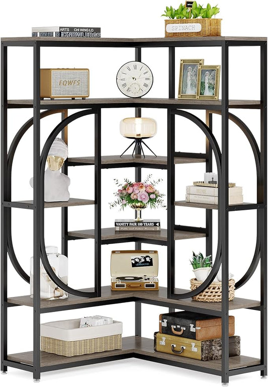 LITTLE TREE Large Corner Bookshelf Industrial Bookcase for Living Room Home Office,Grey