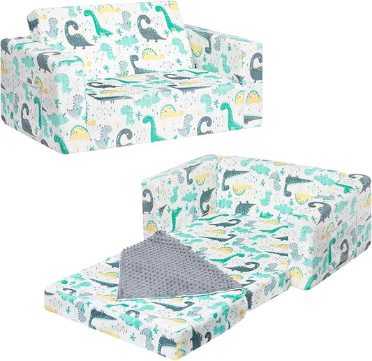 ALIMORDEN Fold Out Toddler Couch, Extra Wide Comfy 2-in-1 Cuddly Sherpa Sofa for Kids, with Removable Baby Friendly Blanket, Convertible Sofa to Bed, Dinosaur