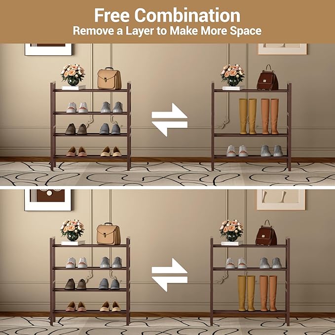 Haddockway Bamboo Shoe Rack for Closet, Free Standing Shoe Organizer with Smooth Round Rods & Convenient Handles, Stackable Shoe Storage Shelf for Entryway, Hallway(Brown, 4-Tier(Small))