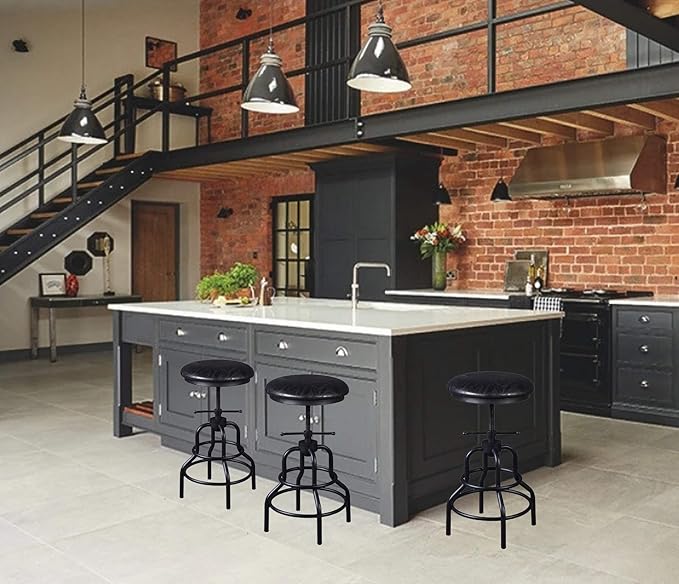 Diwhy Industrial Vintage Counter Stool, Kitchen Counter Height Adjustable Swivel Chair, Metal Frame Stool, 20.47-26.77 Inch, Fully Welded Base, Black PU Upholstered, Set of 2