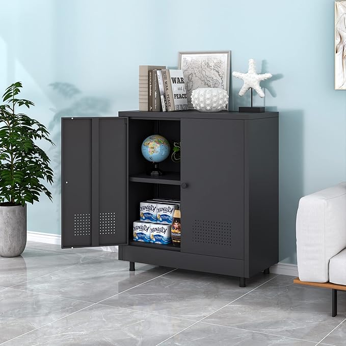 Metal Storage Cabinet with 2 Doors and Adjustable Shelf, Steel Accent Sideboard Buffet Cabinet for Home, Office, Garage, Entryway, Living Room, Kitchen Pantry and Dining Room (Black)