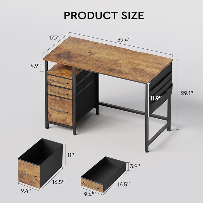 Ｍａｉｈａｉｌ Maihail Small Desk with Drawers, 40 inch Computer Desk with Shelves, Writing Desk with Storage, Small Office Desk with Metal Frame, Rustic Brown2