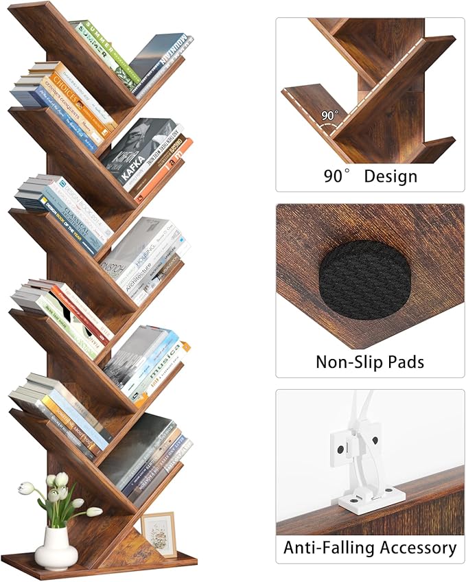 10 Tier Tree Book Shelf, Floor Standing Wood Bookshelf for Narrow Space, Storage Organizer Bookshelves for Books/CDs/Magazine, Bookcase with Shelves for Home Office, Living Room - Brown