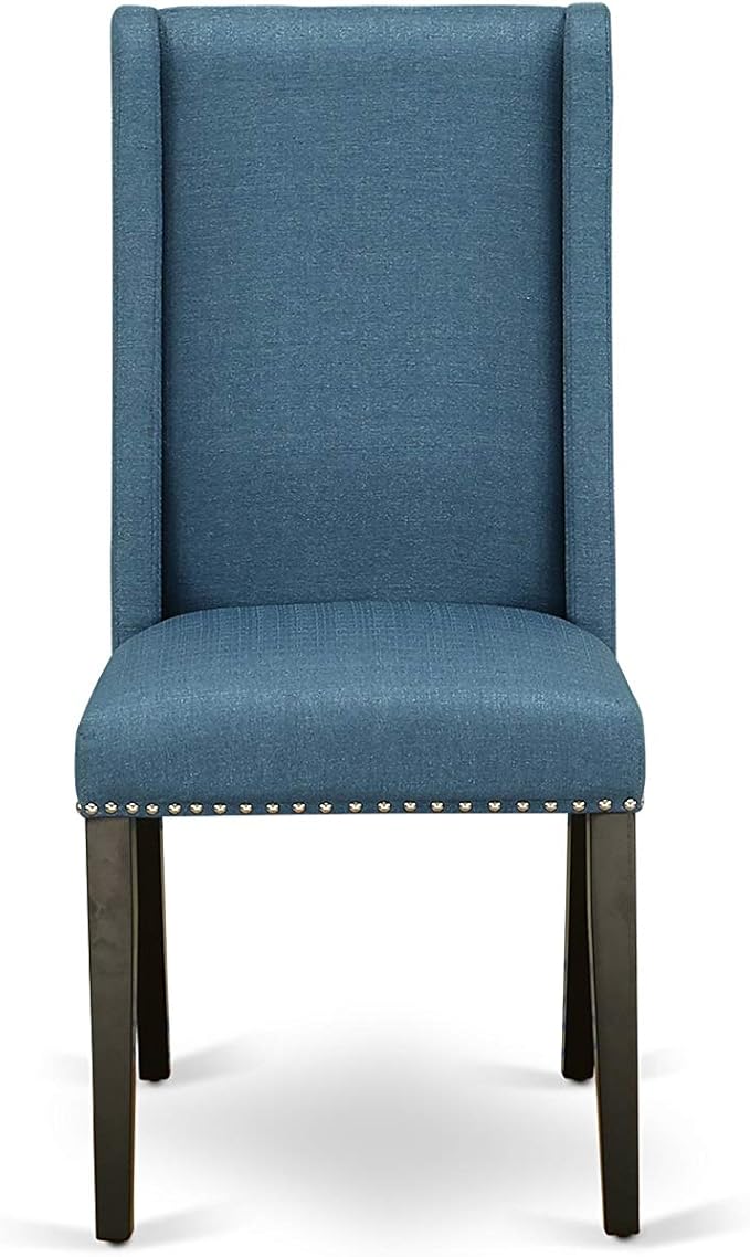 East West Furniture NOFL3-BLK-21 3 Piece Modern Dining Table Set Contains a Rectangle Wooden Table with Butterfly Leaf and 2 Blue Linen Fabric Upholstered Chairs, 32x54 Inch, Black