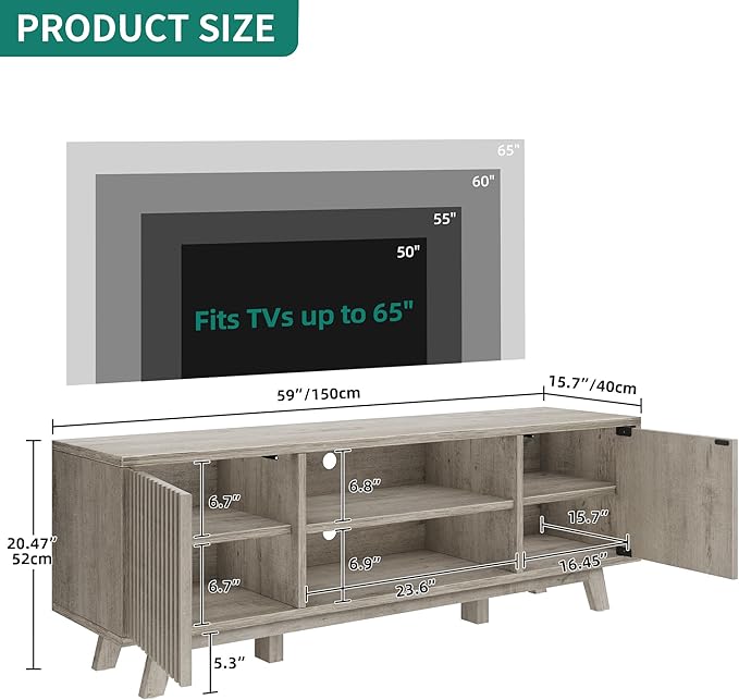 YITAHOME Television Stand for Living Room, Fluted TV Stand with LED Light for 65/55 Inch TV, Mid Century Modern Entertainment Center Media Console TV Cabinet with Adjustable Shelves, Light Oak