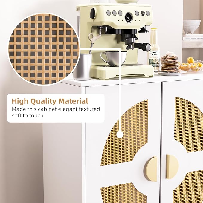Buffet Cabinet White with Storage, Kitchen Sideboard with Doors & Shelves, Rattan Accent Buffet Console Walnut Media Console Mid Century Coffee Bar Table for Living Room Kitchen Dining Room