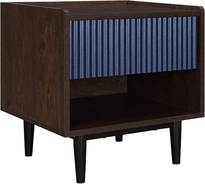 Manhattan Comfort Duane Modern Ribbed Nightstand, Bedside Table with Full Extension Drawer and Open Shelf, Industrial Chic Living Room and Bedroom Furniture, Navy Blue