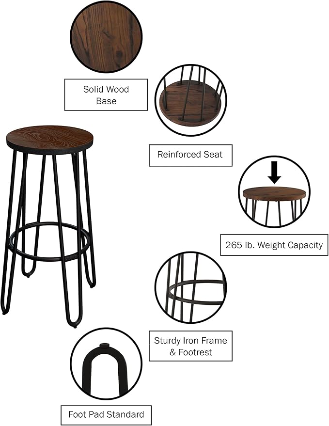 Lavish Home 24-Inch Bar Stools - Backless Barstools with Hairpin Legs, Wood Seat - Kitchen or Dining Room - Modern Farmhouse Barstools (Set of 4)