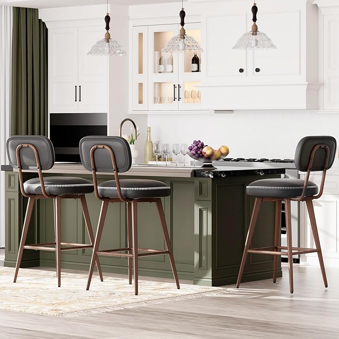 Swivel Bar Stools Set of 3, Mid Century PU Leather Counter Height Bar Chairs with Low Back and Metal Legs, Modern Bar Stool Chair for Kitchen Island, Black
