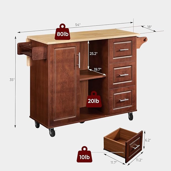Walnut 54" Rolling Kitchen Island Cart with Storage, Large Kitchen Cart with Folding Drop Leaf Breakfast Bar, Wood Island Table with 3 Drawers and Spice Rack & Towel Rack, Brown