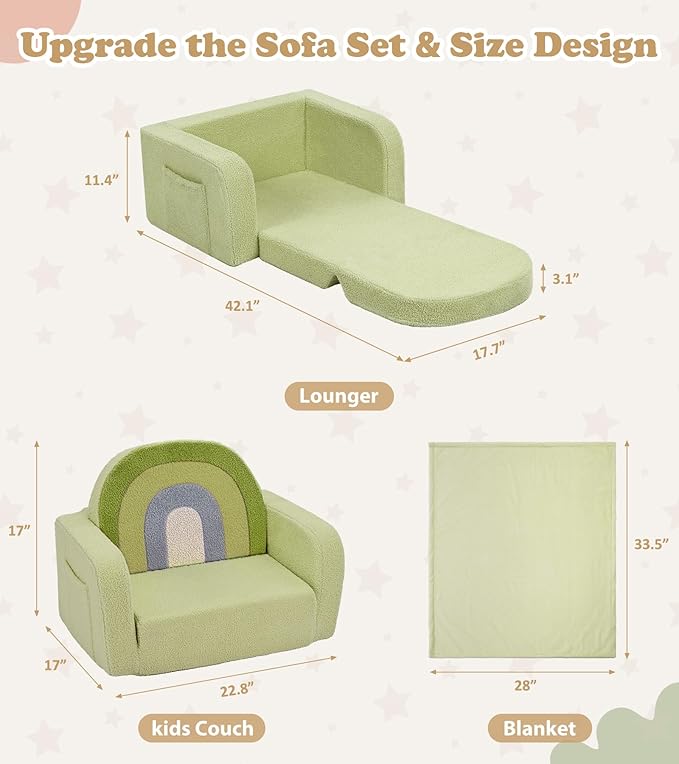 Kids Couch, 2-in-1 Soft Toddler Couch Fold Out with Blanket, Comfy Toddler Chair, Convertible Sofa to Lounger, Convertible Sofa to Lounger, Gifts for Kids Girl Boys, Medium Green Rainbow