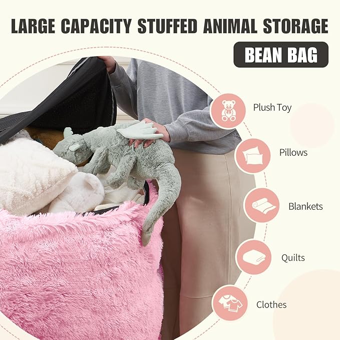 Fluffy Bean Bag for Stuffed Animals Storage, Faux Fur Washable Bean Bag Chair Cover(No Filler) for Textile Plush Toys, Beanbag Chair Cover for Adults Kids Teens, 7FT, Pink