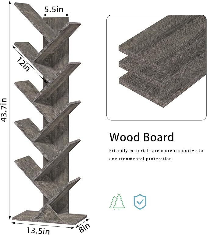 10 Tier Tree Book Shelf, Floor Standing Wood Bookshelf for Narrow Space, Storage Organizer Bookshelves for Books/CDs/Magazine, Bookcase with Shelves for Home Office, Living Room - Light Grey