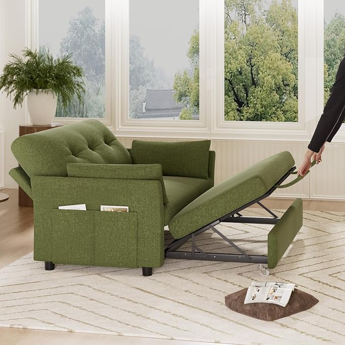 Vipbear 3-in-1 Chenille Convertible Sofa Bed, Pull Out Sleeper Sofa with Side Pocket & Adjustable Backrest, Tool-Free Assembly, Folding Loveseat for Living Room, Apartment, Green