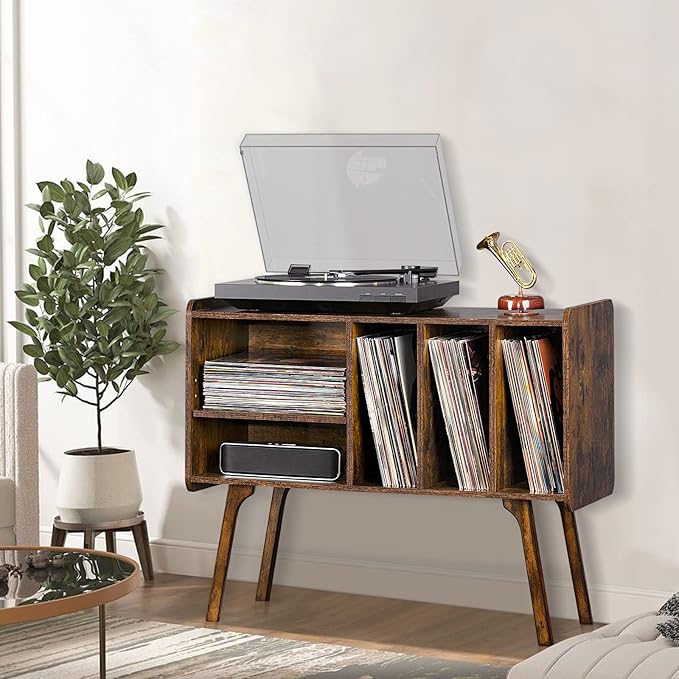 Lerliuo Record Player Stand with 4 Cabinet Holds Up to 220 Albums, Large Turntable Stand with Beech Wood Legs, Mid-Century Record Player Table,Retro Brown Vinyl Holder Storage for Bedroom Living Room