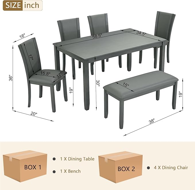 Ball & Cast 6 Piece Dining Table Set with 4 Upholstered Chairs & 1 Bench,Farmhouse Wooden Living Room Furniture for 6 W/ 58.5" Rectangle Kitchen Desk,for Restaurant,Home Bistro,Dining Room,Gray