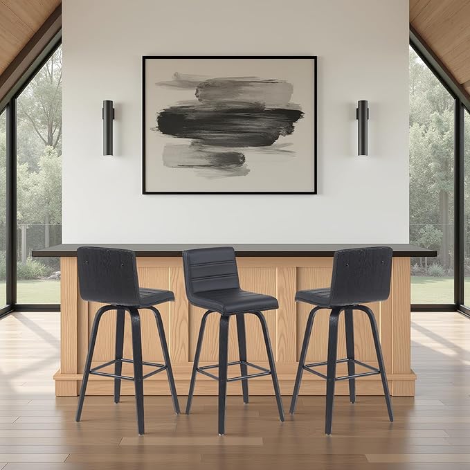 Vienna Modern Swivel Bar Height Stool with Black Faux Leather Seat and Black Brushed Wood Frame Set of 3