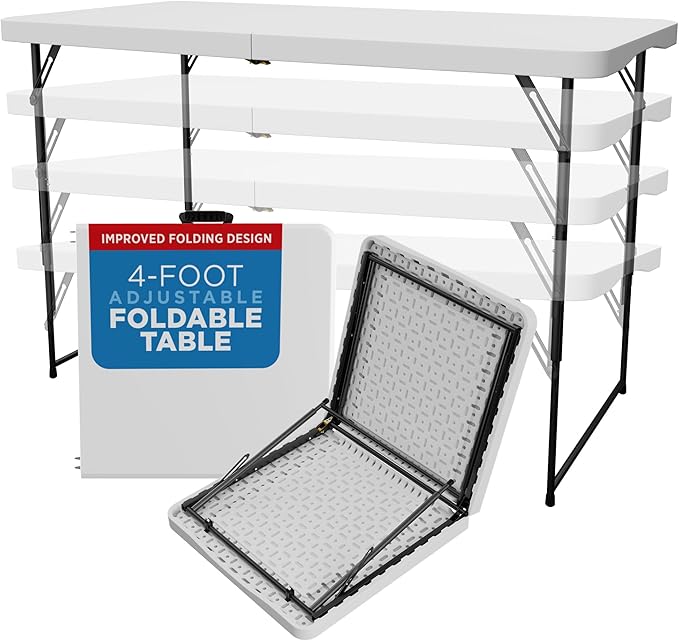 Sorfey Folding Table 4-Foot X 24 inch, Adjustable to 4 Heights, White Plastic