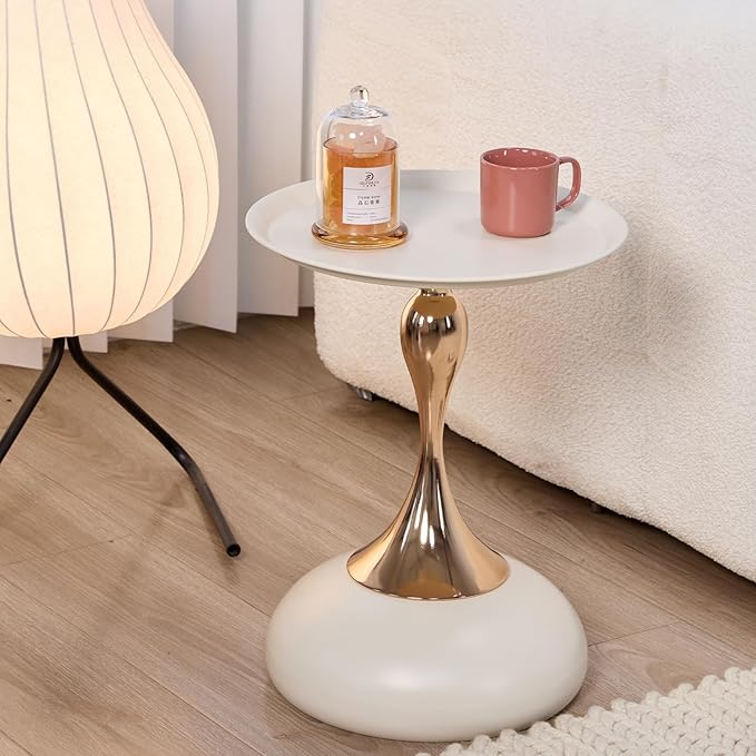 Modern Round Side Table with Gold Pedestal Base, Black Metal Top, Accent End Table for Living Room (White)
