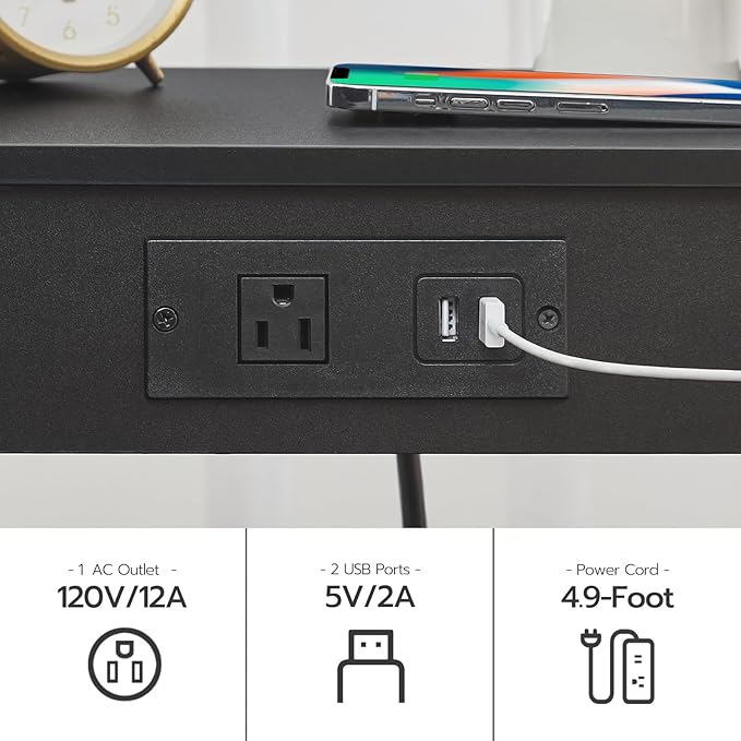 HOOBRO Side Table with Charging Station, End Table with USB Ports and Outlet, Nightstand with Storage Shelf, Faux Rattan Decoration, for Living Room, Bedroom, Black BK91UBZ01