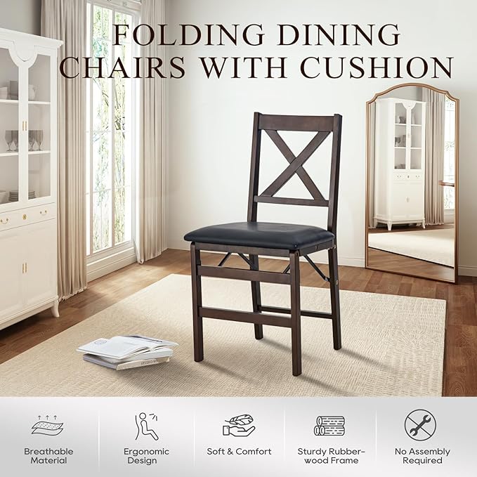 COLAMY Folding Dining Chairs Set of 2 – Dark Brown Wooden Dining Room Chairs, Pre-Assembled, Space Saving Kitchen & Dining Room Furniture, Mid Century Rustic Style, Indoor Outdoor Use