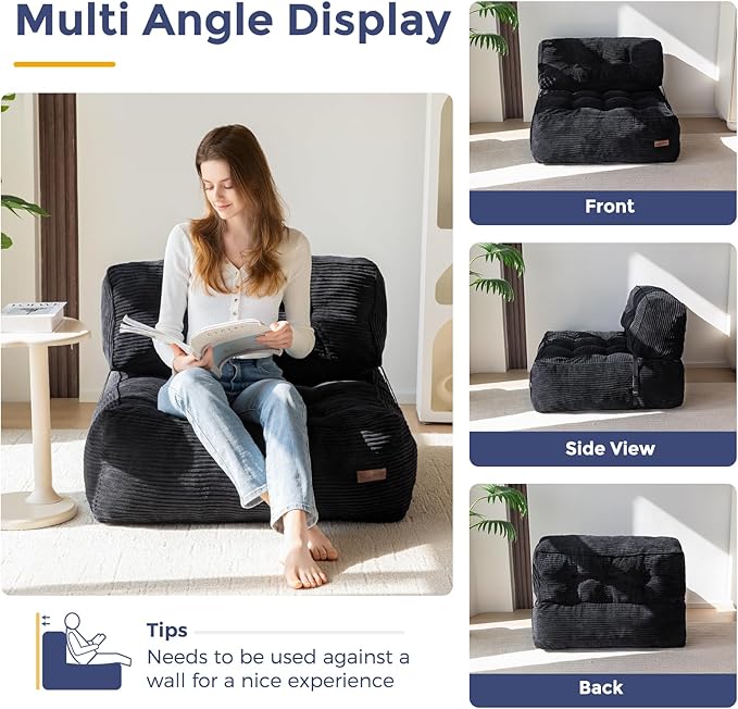 MAXYOYO Floor Sofa Bean Bag Sofa Couch, Comfy Floor Couch with Back Support, Portable Bean Bag with Filling, Corded Chair Seating for Living Room Bedroom Apartment, Black