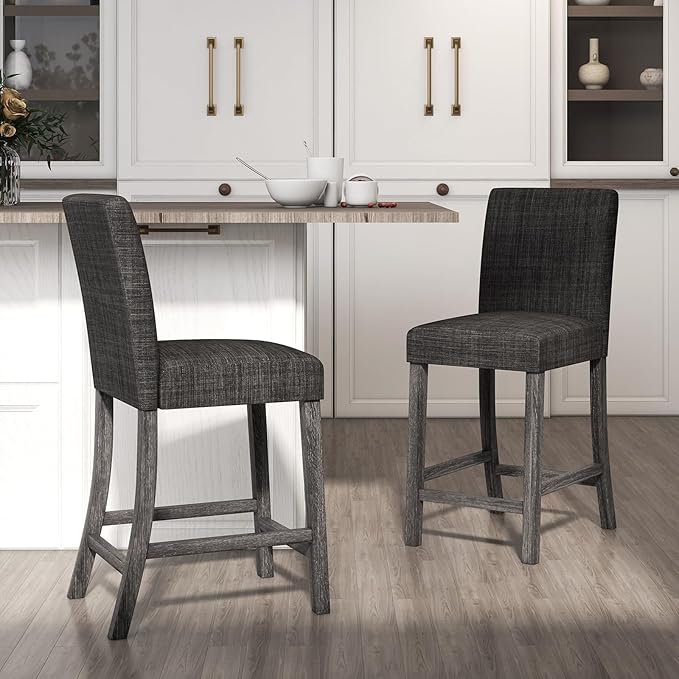 COSTWAY Upholstered Counter Height Stools Set of 4, Bar Stools w/Ergonomic Backrest, Solid Wood Frame, 24.5” Fabric Counter Height Chairs for Kitchen Island, Dining Room, Pub (Grey)